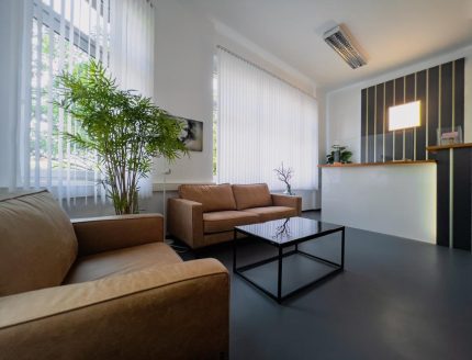 Das Wartezimmer des Care Cute Schönheitsinstituts mit einem braunen Ledersofa und einem braunen Ledersessel.